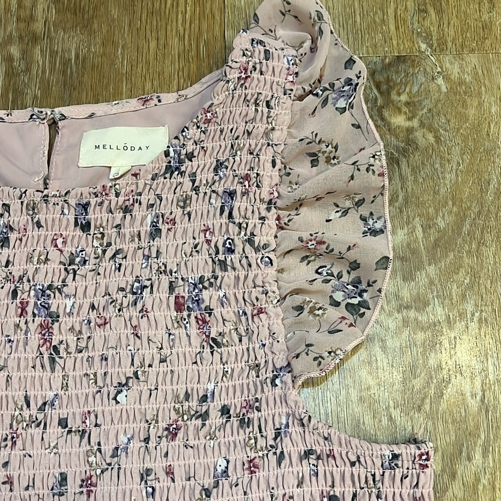 Melloday Rose Pink Floral Maxi Dress Smocked Tiered Lined Size Large L EUC - Picture 4 of 16